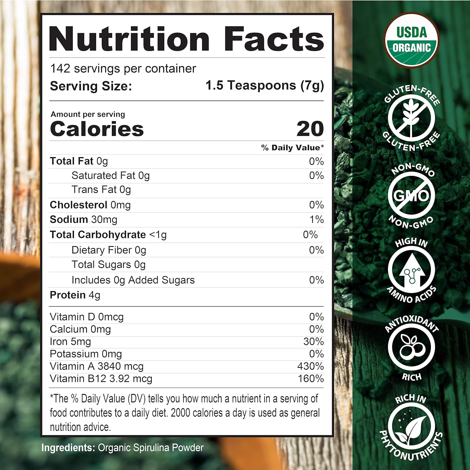 Spirulina Powder Organic - USDA Certified - RAW Nutrient Dense Over 70% Protein Per Serving - Purest Source Vegan Protein - Superfood - Rich in Vitamins and Minerals: Health & Personal Care