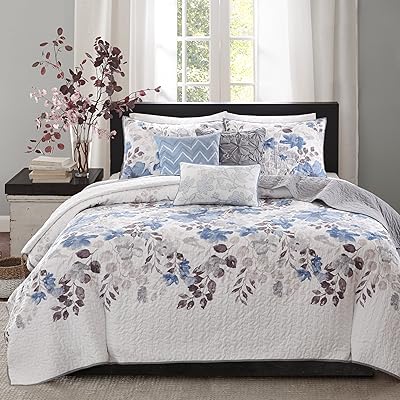  Madison Park Luna Floral Blue Coverlet Set Full/Queen 90"x90"