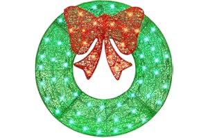 ATDAWN 26 Inch Christmas Wreath, Outdoor Christmas Wreath Decoration, Lighted Xmas Wreath for Christmas Home Wall Door Decoration (Green)