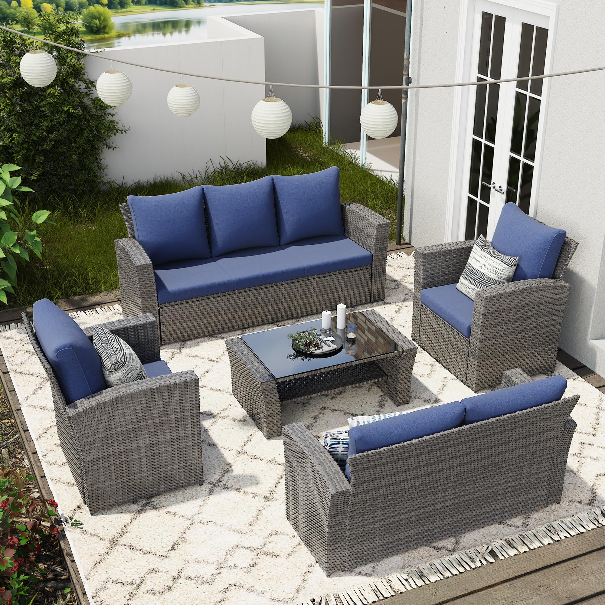 Photo 1 of ***FINAL SALE/NO RETURN, MISSING MORE THEN HALF THE SET, SOLD AS PARTS *** Wisteria Lane 5 Piece Patio Furniture Set, Wicker Outdoor Patio Conversation Furniture Set, All Weather Outdoor Patio Sofa with Cushion and Glass Table, Blue
