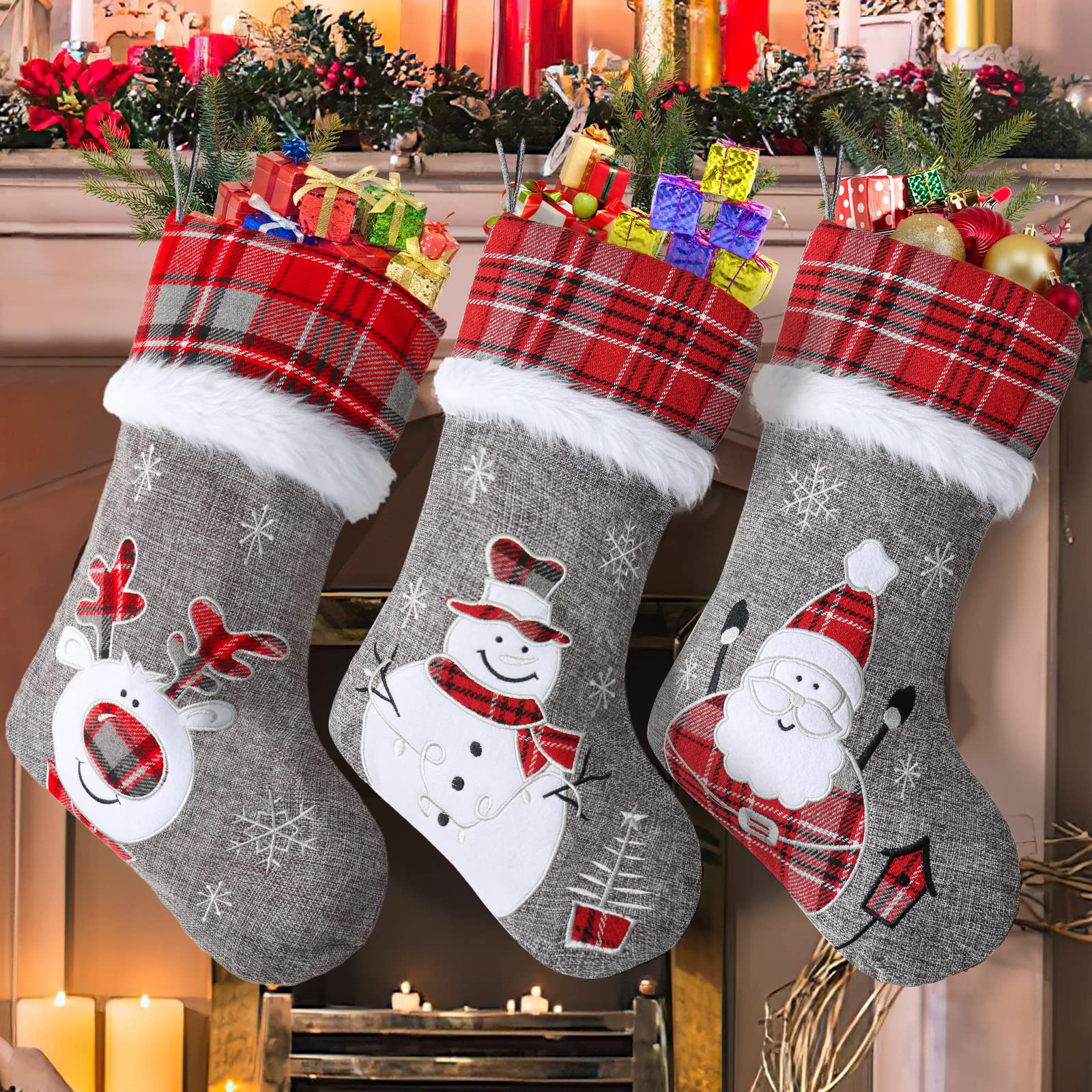 LOMOHOO Christmas Stockings Set of 3 18inch Large Embroidered Xmas Stockings with Santa,Snowman,Reindeer 3D Christmas Socks for Fireplace Holiday Christmas Party Decorations,Grey