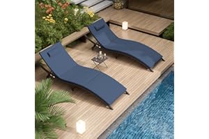Delnavik Patio Chaise Lounge Set 3 Pieces Outdoor Lounge Chair Outdoor Wicker Lounge Chairs with Table Folding Chaise Lounger for Poolside Backyard Porch, Navy Blue