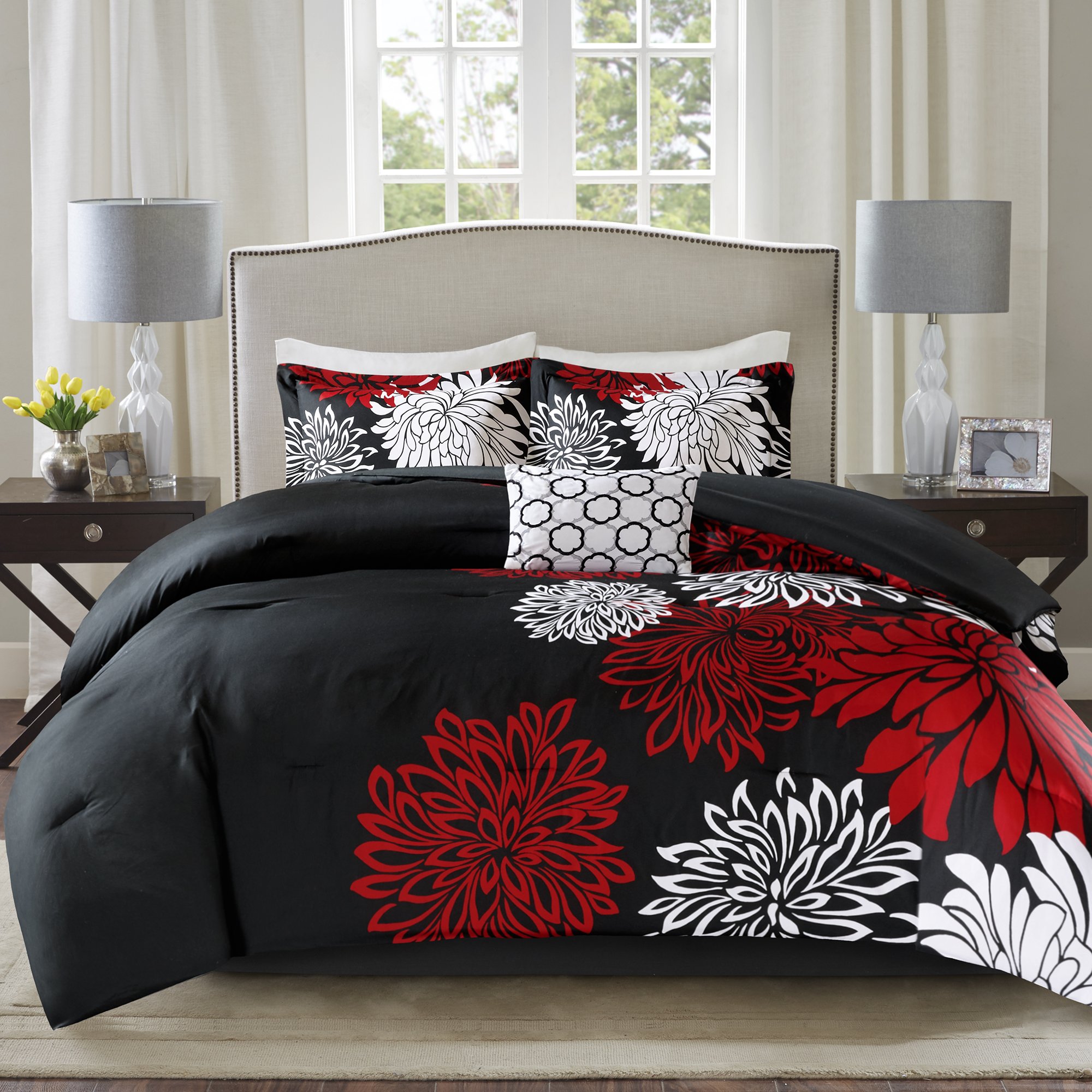 Comfort Spaces Enya Comforter Set-Modern Floral Design All Season Down Alternative Bedding, Matching Shams, Bedskirt, Decorative Pillows, King (104 in x 90 in), Red/Black