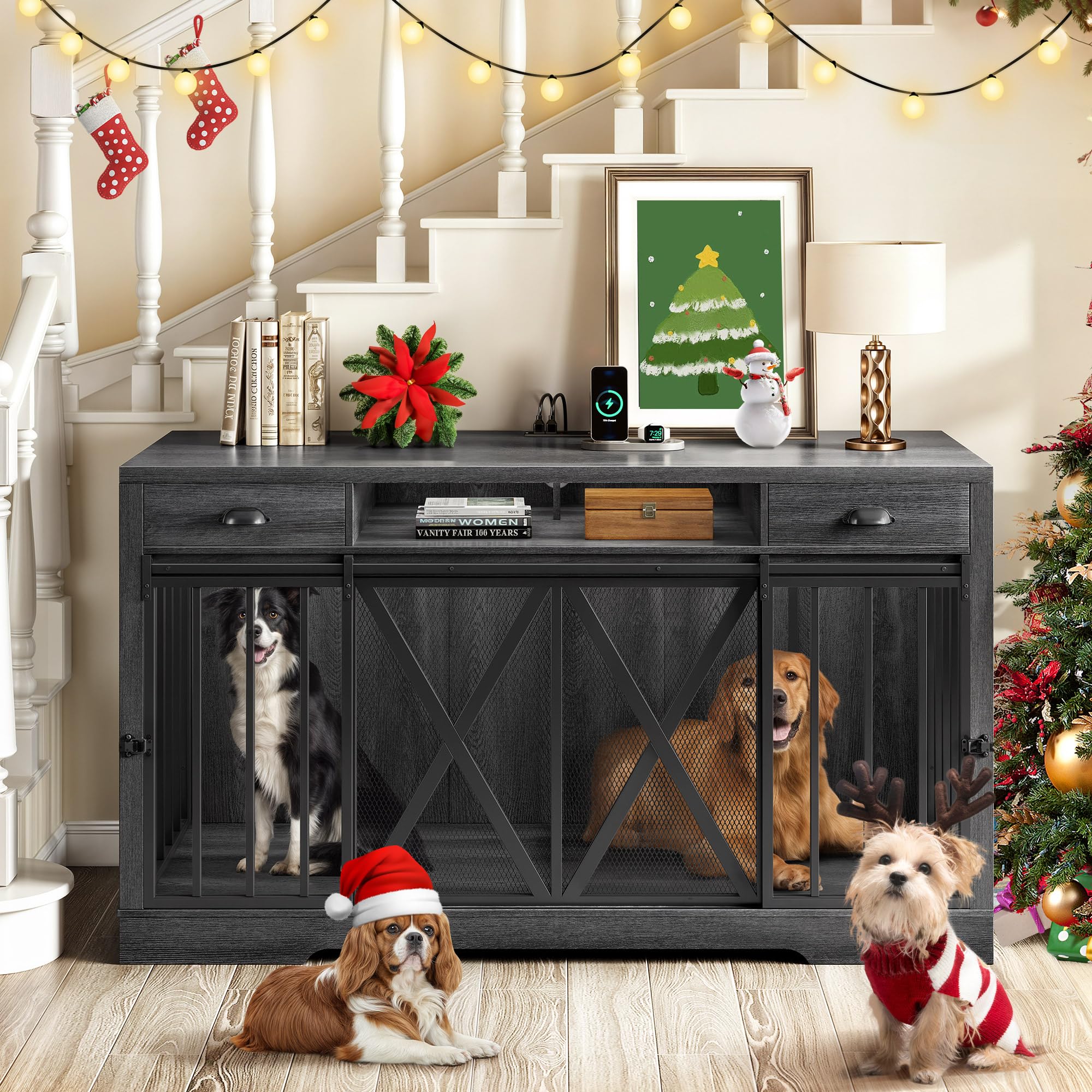 Photo 1 of ***MISSING PIECES*** ***READ CLERK NOTES*** DWVO 63 Inch Double Dog Crate Furniture for 2 Dogs, Heavy Duty Wooden Dog Crate TV Stand with Charging Station, Dog Kennel Indoor Furniture Double Sliding Barn Door Design Ideal for 2 Dogs, Oak