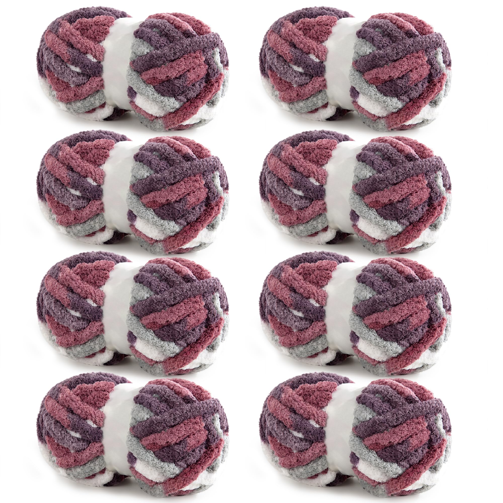 Hombys 8 Pack Giant Chunky Yarn for Crocheting and Knitting,Super Bulky Large Soft Fluffy Tie Dye Plush Fuzzy Mixed Color Thick Chenille Yarn (Red, Purple) Image