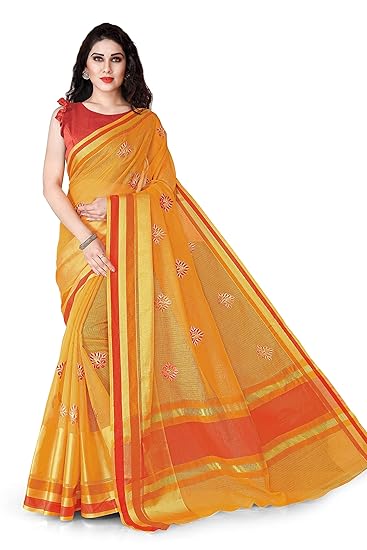 Womens Cotton Thread Work Saree (15087, Mustard)