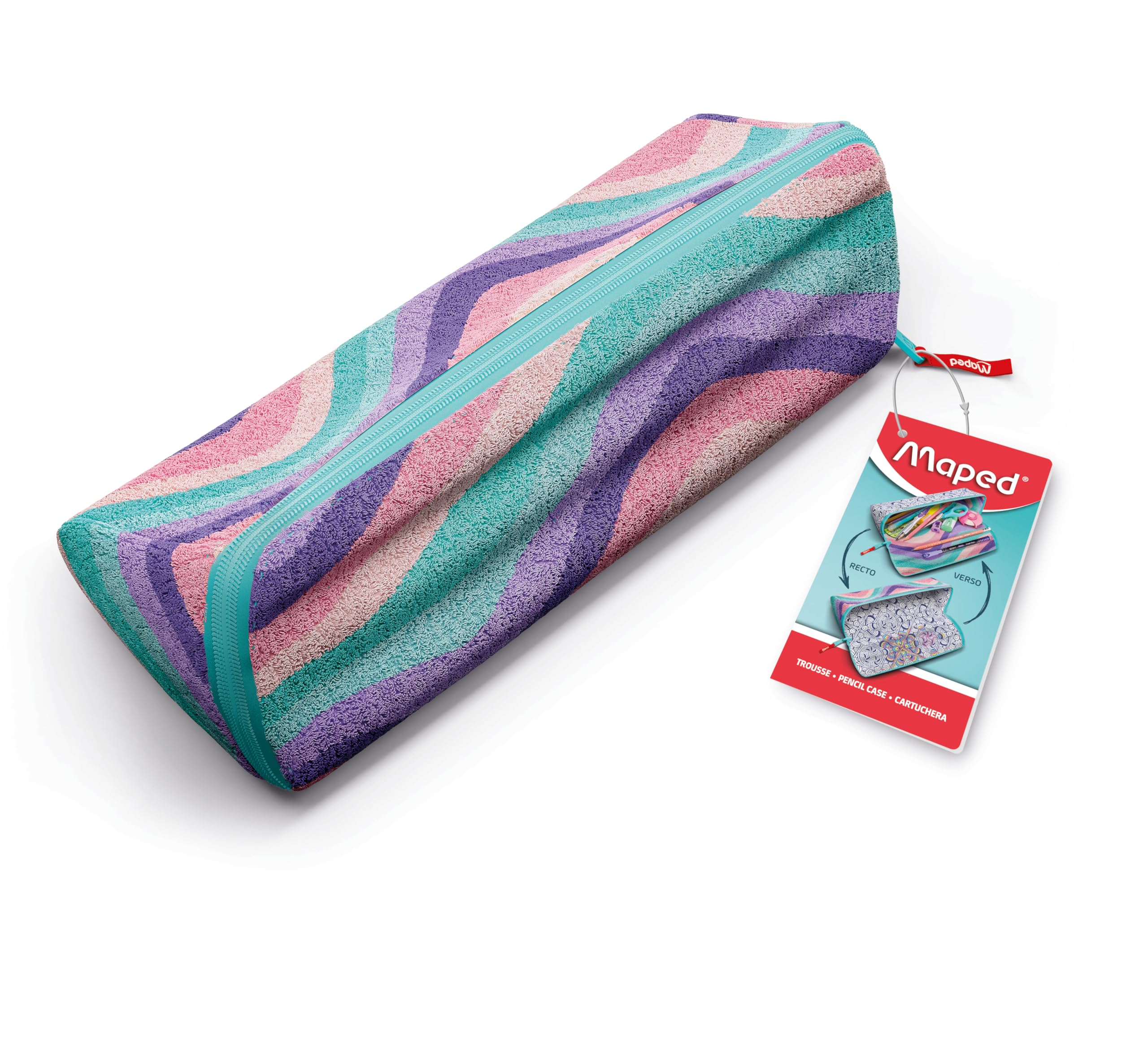 Maped - XXL Opening School Pencil case - Customisable Reversible Pencil Case, with 1 Side to Colour - Large Practical Opening - Triangular 22 x 6 cm Pastel Wavy Soft Fabric