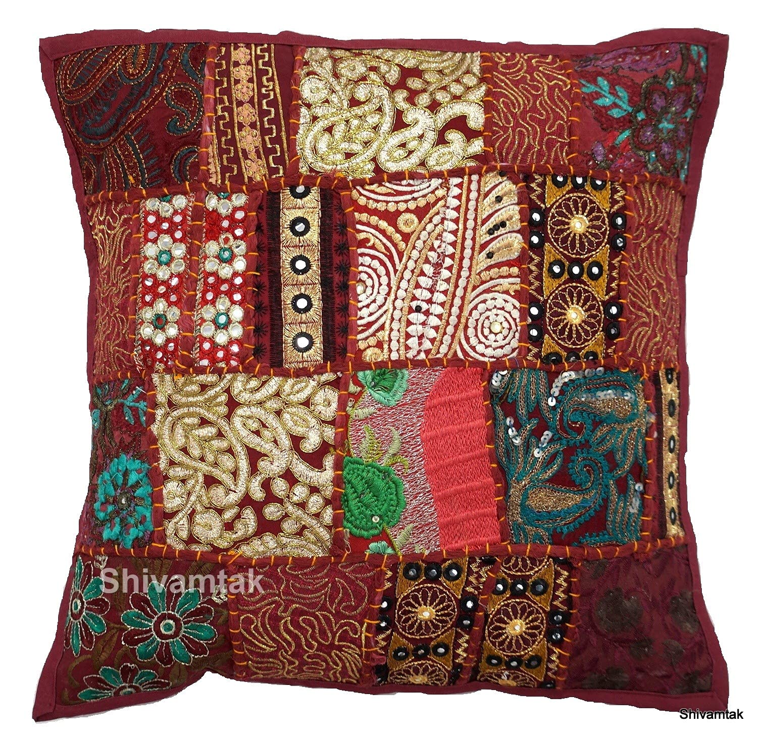 Handicraftsuk 2Pcs Indian Handmade Decorative Vintage Sequin Patchwork Embroidery Exclusive Floor Home Decor Pillow Case Cushion Cover 50cmx50cm 20''x20'' (Brown)