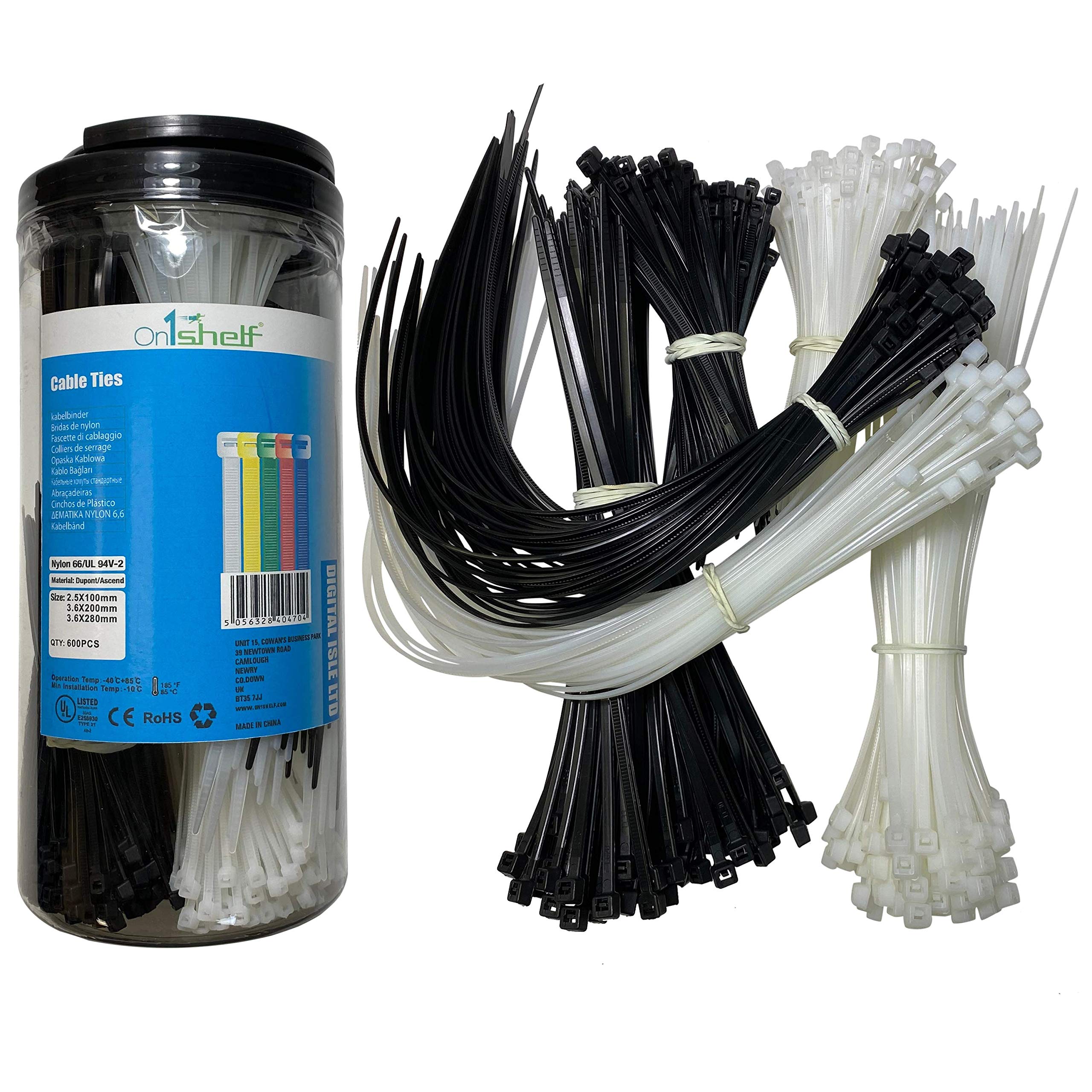 600 Pieces Coloured Assorted Cable Ties Nylon Black and White Tie Wraps