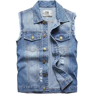 Hrycdennb Men's Denim Vest, Sleeveless Jean Jacket for Men Ripped Punk Outerwear for Motorcycle Biker
