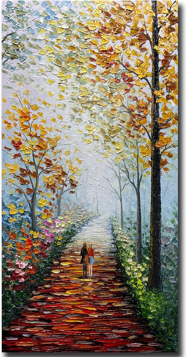 Paintings - V-inspire art,24x48 inch Modern 100% Hand-Painted Oil Painting - Romantic and colorful afternoon path - Rustic Style Home Furnishing Canvas Painting Decoration 3D Abstract Mural Painting Frame Wall Art Hanging