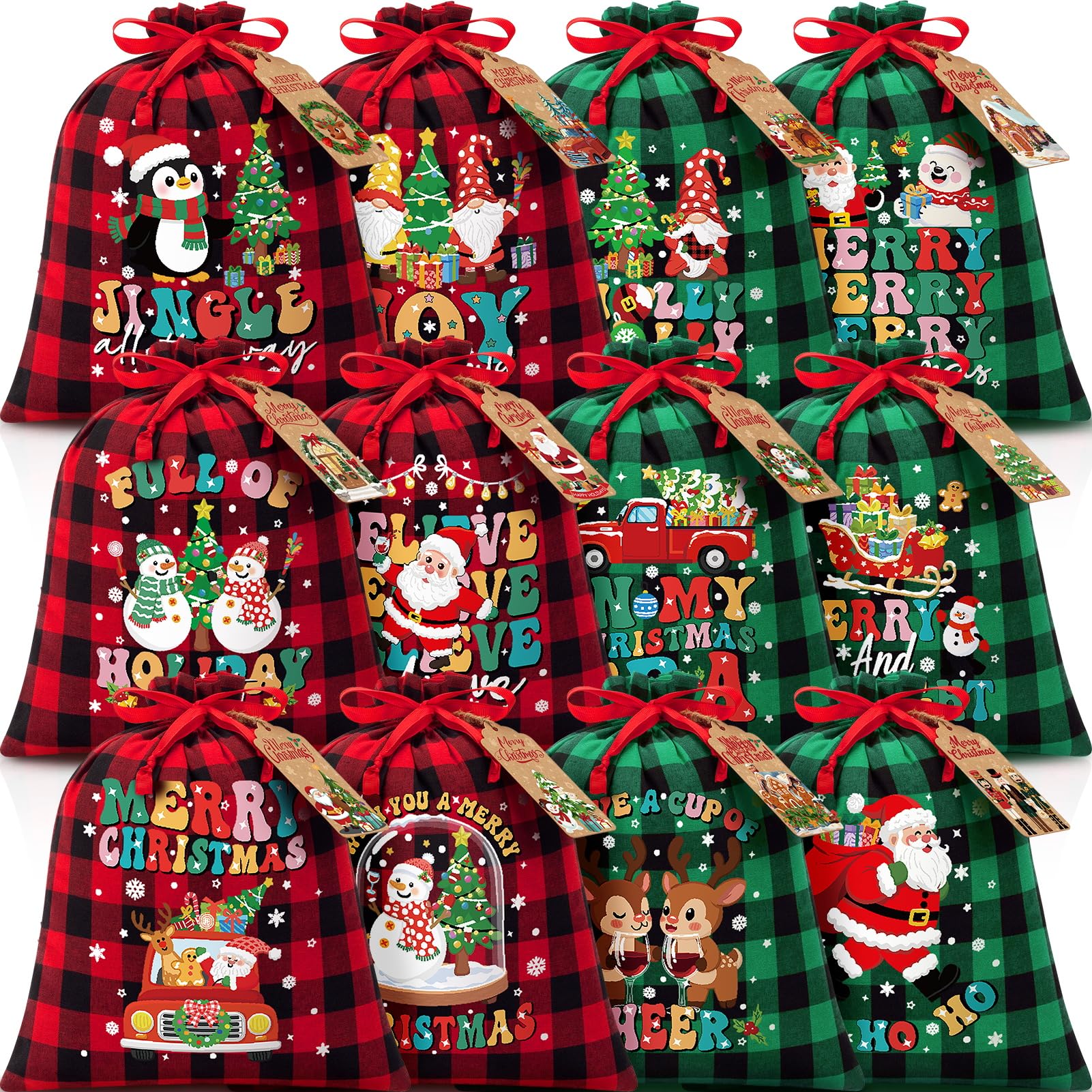 Photo 1 of 12 PCS Burlap Christmas Drawstring Gift Bags, 10x12in Buffalo Plaid Xmas Gift Bags w/ Tags, Cotton Fabric Goody Gift Treat Bags Xmas Sacks Medium Reusable Gift Wrapping Bags for Holiday Party Favors