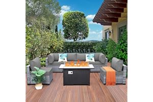 Lviden 7 Pieces Wicker Patio Furniture Set, PE RattanOutdoor Sectional Conversation Sofa Set with Fire Pit Table, Non-Slip Cushions and Furniture Cover, Light Grey