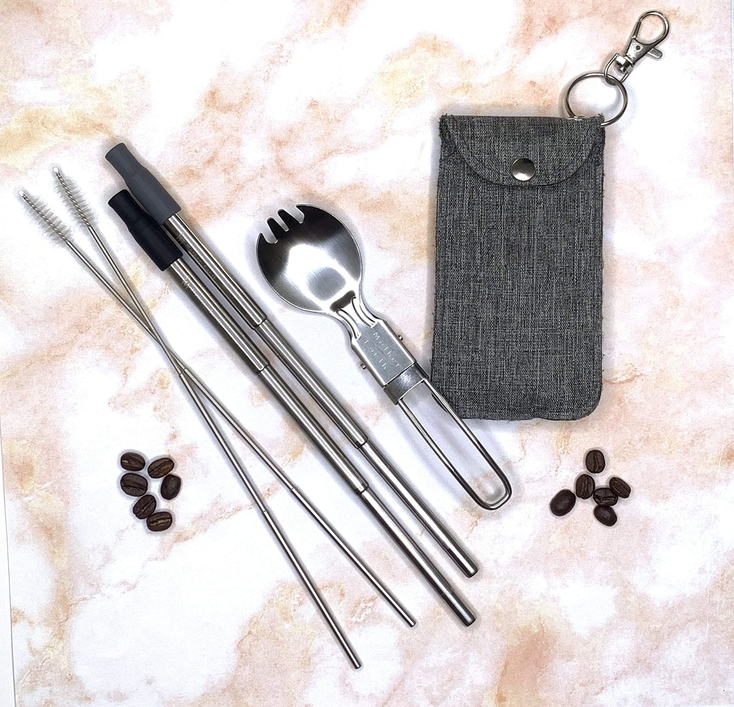 ME.Mother Earth Premium Collapsible Reusable Stainless Steel Straw | Eco Friendly | 2-Pack Telescopic Drinking Straws | Keychain Fashion Bag with Cleaning Brush and Foldable Spork