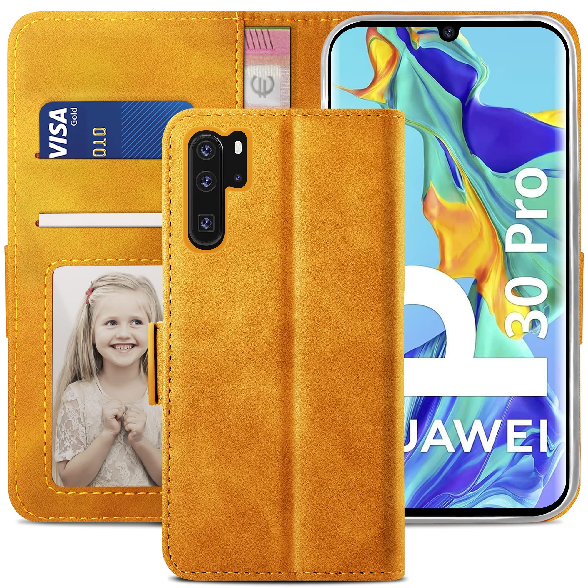 YATWIN Compatible with Huawei P30 Pro Case, Flip Wallet Leather Case with Card Slot and Shockproof Function Kickstand Phone Cases Cover for Huawei P30 Pro - Orange — image 1
