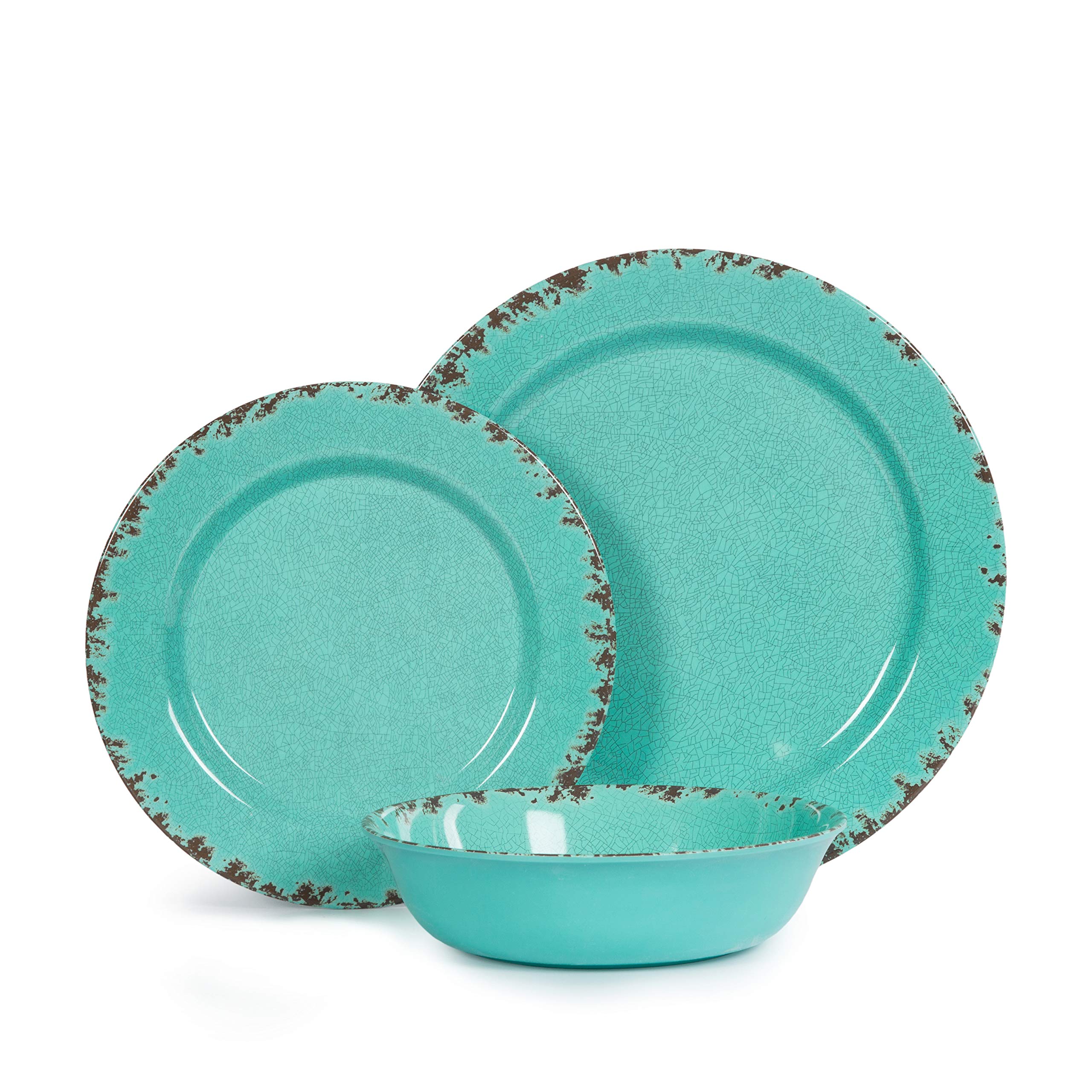 12pcs Melamine Dinnerware set for 4, Outdoor Use Dinner Plates and Bowls Set for Camping, Unbreakable, Turquoise