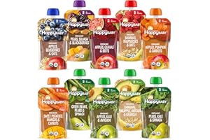 Happy Baby Organics Stage 2 Baby Food Pouches, Gluten Free, Vegan & Healthy Snack, Clearly Crafted Fruit & Veggie Puree, Fruit & Veggie Variety Pack, 4 Ounces (Pack of 10), Amazon Exclusive