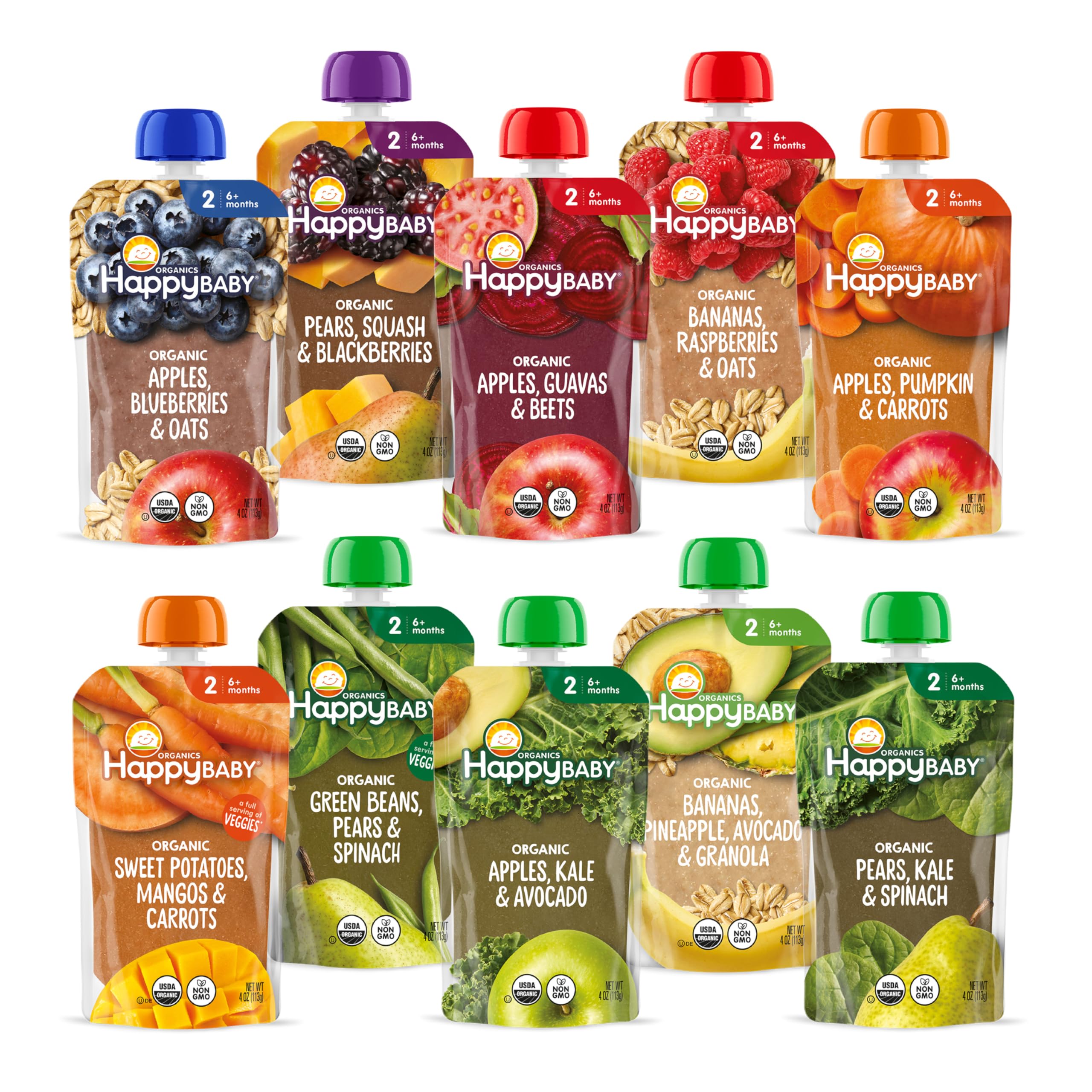 Happy Baby Organics Stage 2 Baby Food Pouches, Gluten Free, Vegan & Healthy Snack, Clearly Crafted Fruit & Veggie Puree, Fruit & Veggie Variety Pack, 4 Ounces (Pack of 10), Amazon Exclusive