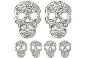 NUOBESTY 6pcs Silver Rhinestone Skull Iron on Patches for Clothing DIY Craft Applique, Adhesive Skull Patches