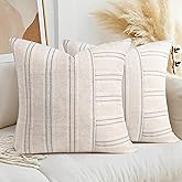 AELS 26x26 Decorative Farmhouse Linen Throw Pillow Covers, Boho Textured Pillow Case, Set of 2, Beige with White & Gray Stripe Patchwork Cushion Cover for Sofa Couch Living Room (Cover ONLY)