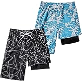IRELIA 2 Pack Boys 2 in 1 Swim Trunks Boxer Brief Liner Compression Swimming Shorts Quick Dry Swimwear