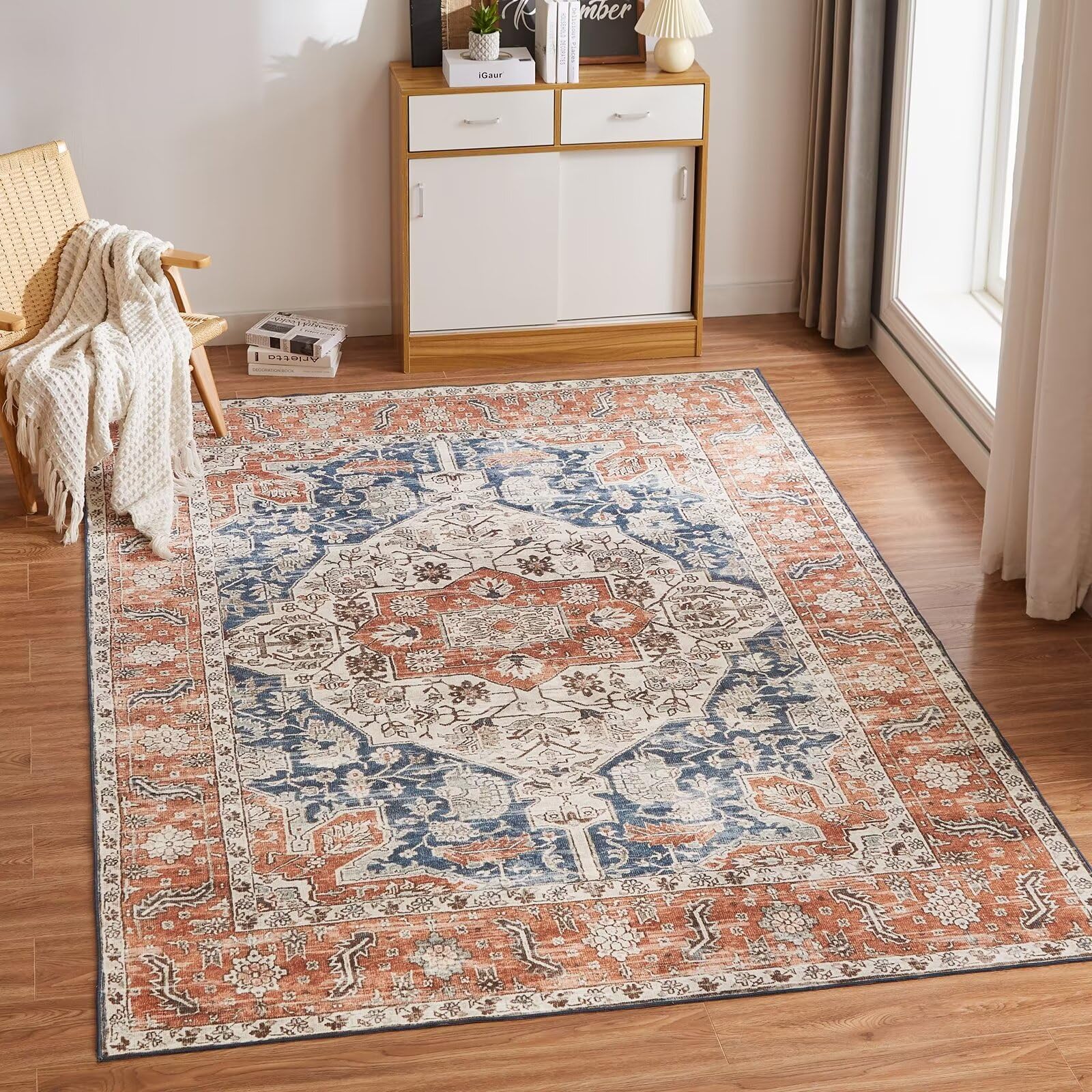CHOSHOME Washable Rugs Living Room Non Slip Area Rug for Bedroom Machine Washable Rug Soft Short Pile Large Living Room Rug Vintage Oriental Boho Non Shedding Dense Rugs Orange 80x150cm