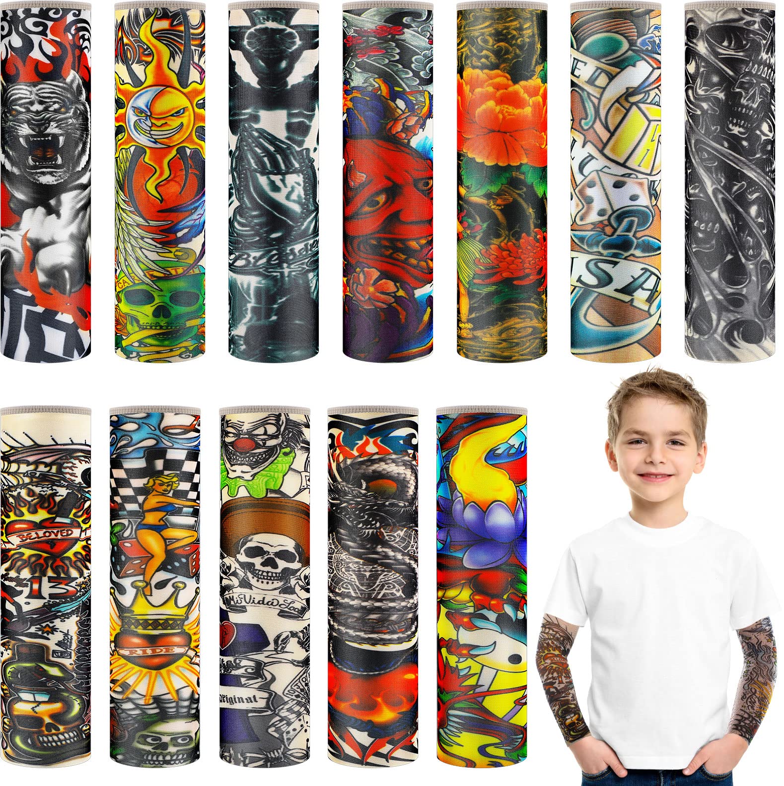 12 Pieces Tattoo Arm Sleeves for Kids Fake Tattoo Sleeve Sunscreen Kids Arm Sleeves with Tribal Dragon Skull Pattern Temporary Kids Tattoo Sleeve Tattoo Arm Sleeves (Rich Pattern)