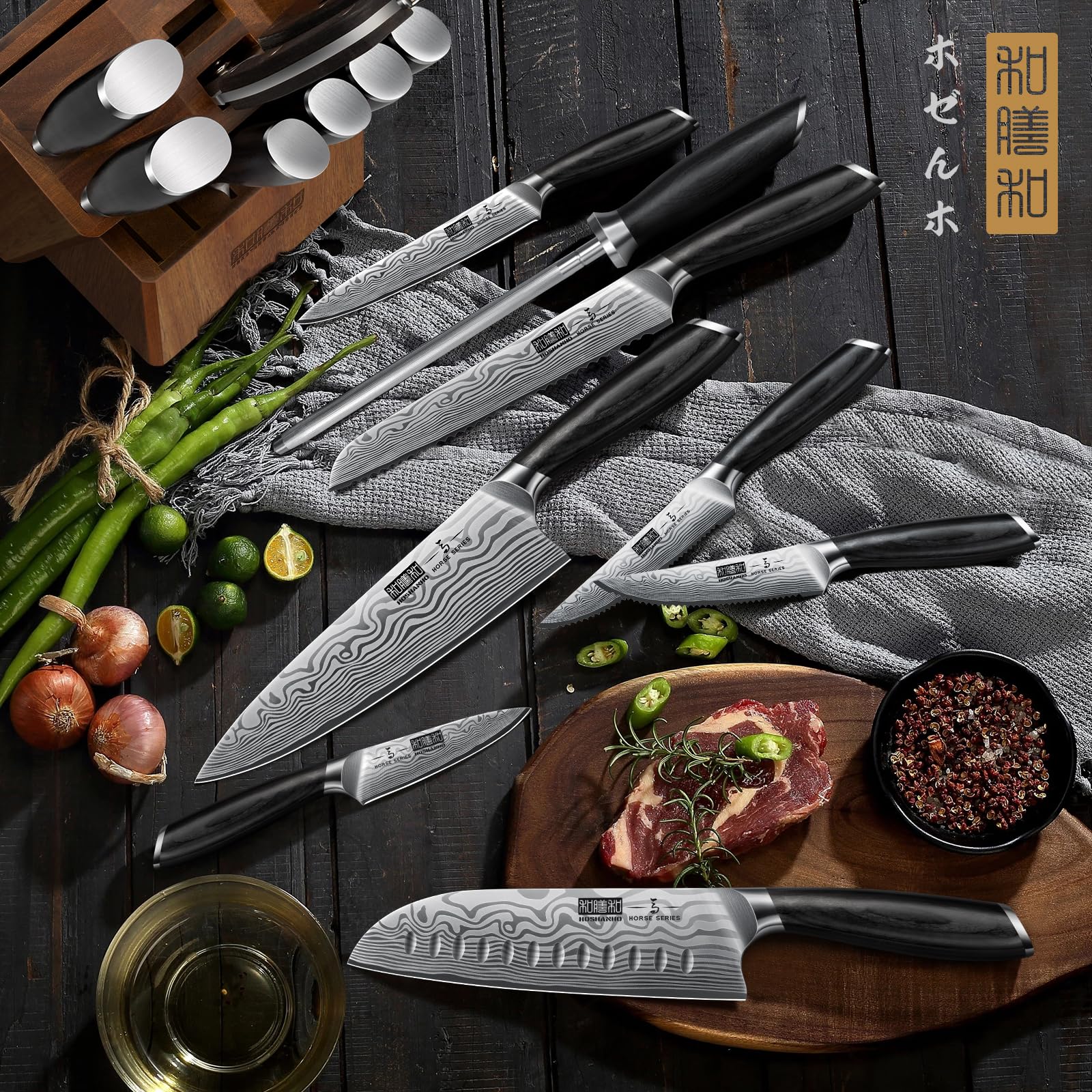 HOSHANHO 16-teiliges Messerblock Set, Ultra Scharfes Messerset aus Edelstahl mit Hohem Kohlenstoffgehalt, Kochmesserset Professionelles Küchenmesserset mit Schärfer und Pakkawood-Griff 7