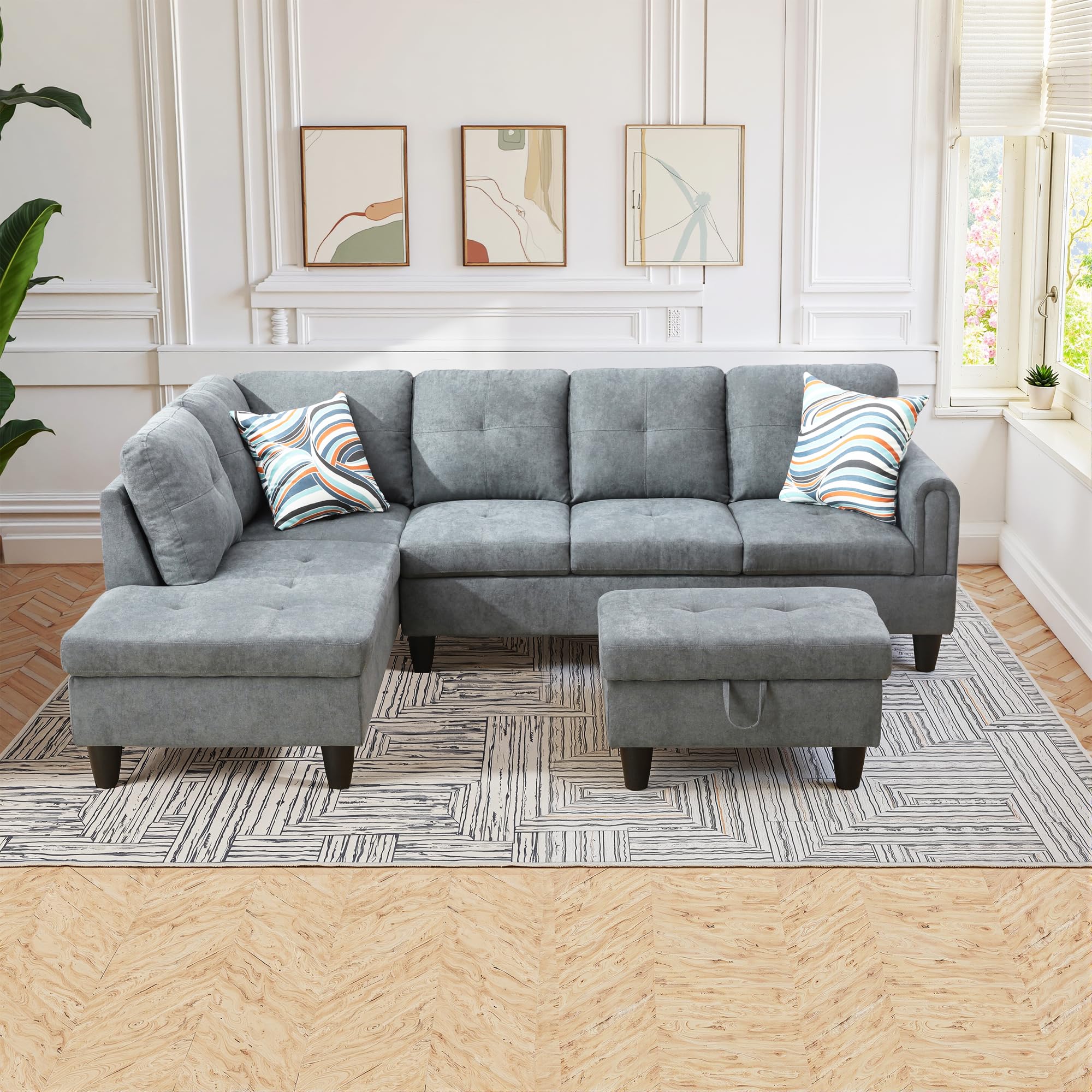 Photo 1 of **SELLING FOR PARTS AS PARTIAL SET **Osparple Sectional Couches Comfy Fluffy Fabric L Shaped Couch 3 Pieces Couches for Living Room with Storage Ottoman for Office and Small Apartment, Dark Grey