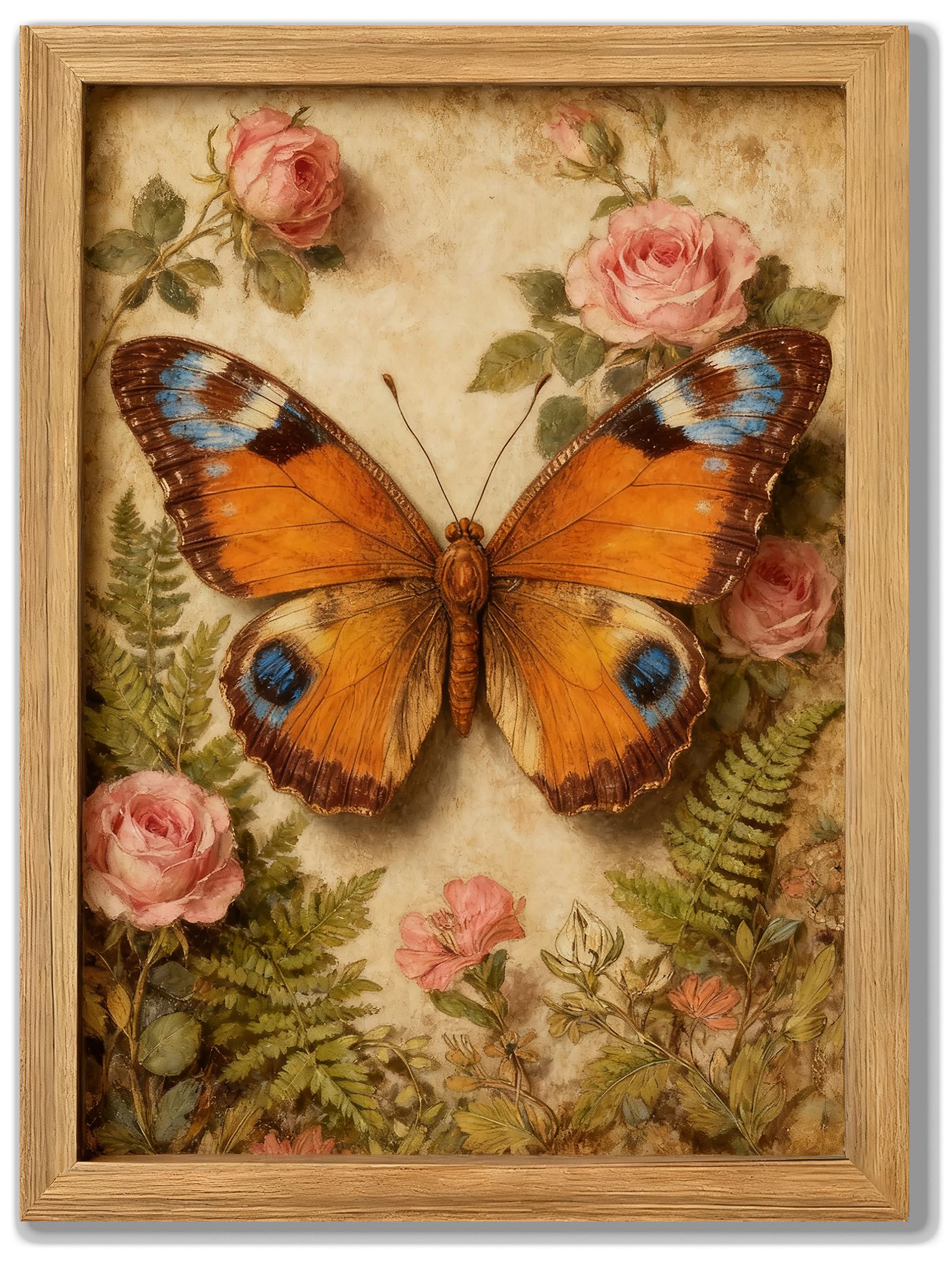 Photo 1 of 12x16 Vintage Butterfly and Pink Roses Wall Art Wrapped Canvas Framed Painting Orange Yellow Rustic Farmhouse Prints Retro Home Decor for Living Room Bedroom Office Study Room Hallway Bathroom