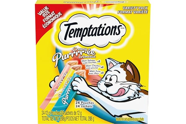 Temptations Creamy Puree Adult Lickable Cat Treats with Chicken & Salmon & Tuna Variety Pack, 24 Pouches, 288g