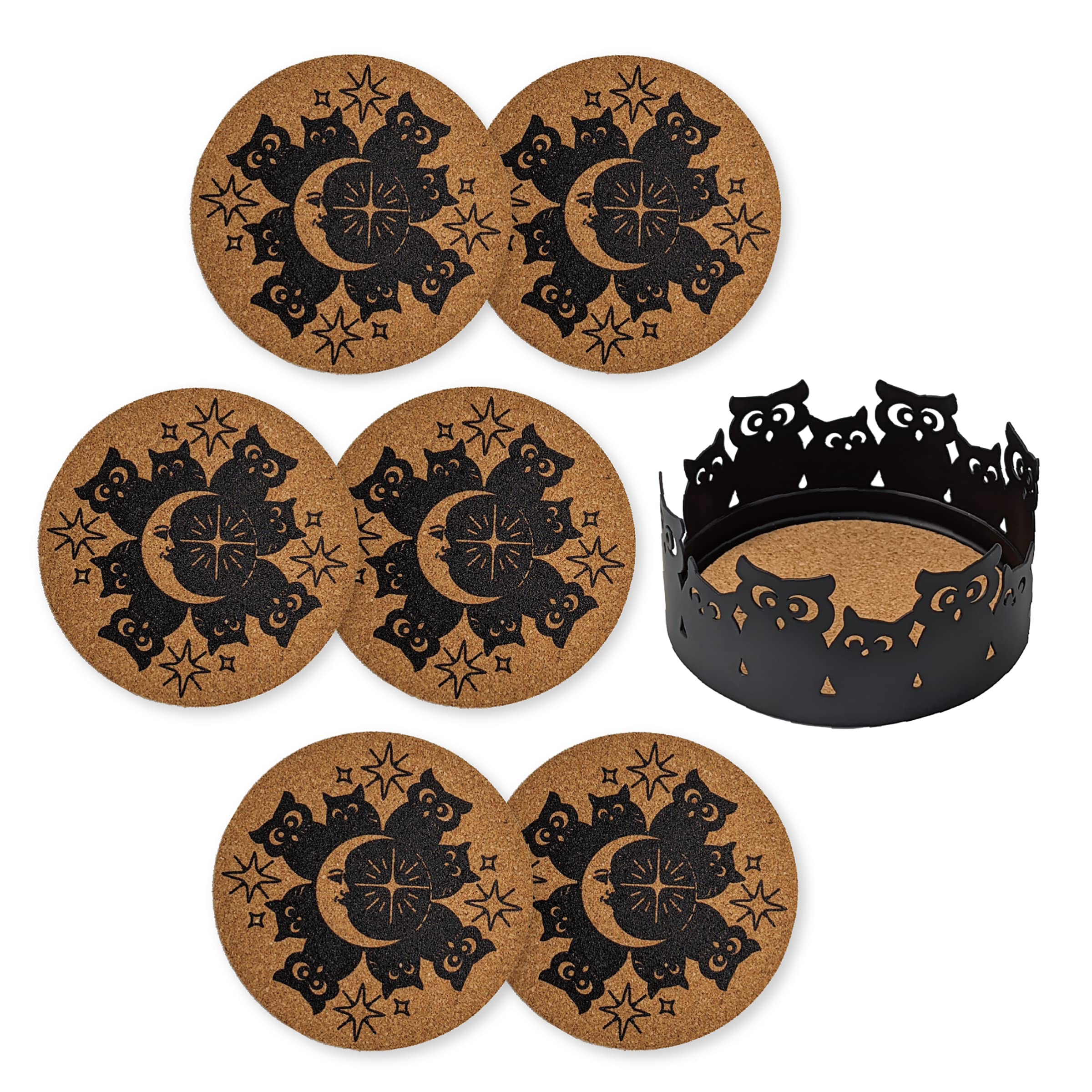 Mango Steam Set of Six Owl Decorative Coasters For Drinks & Mugs With Metal Holder, Black