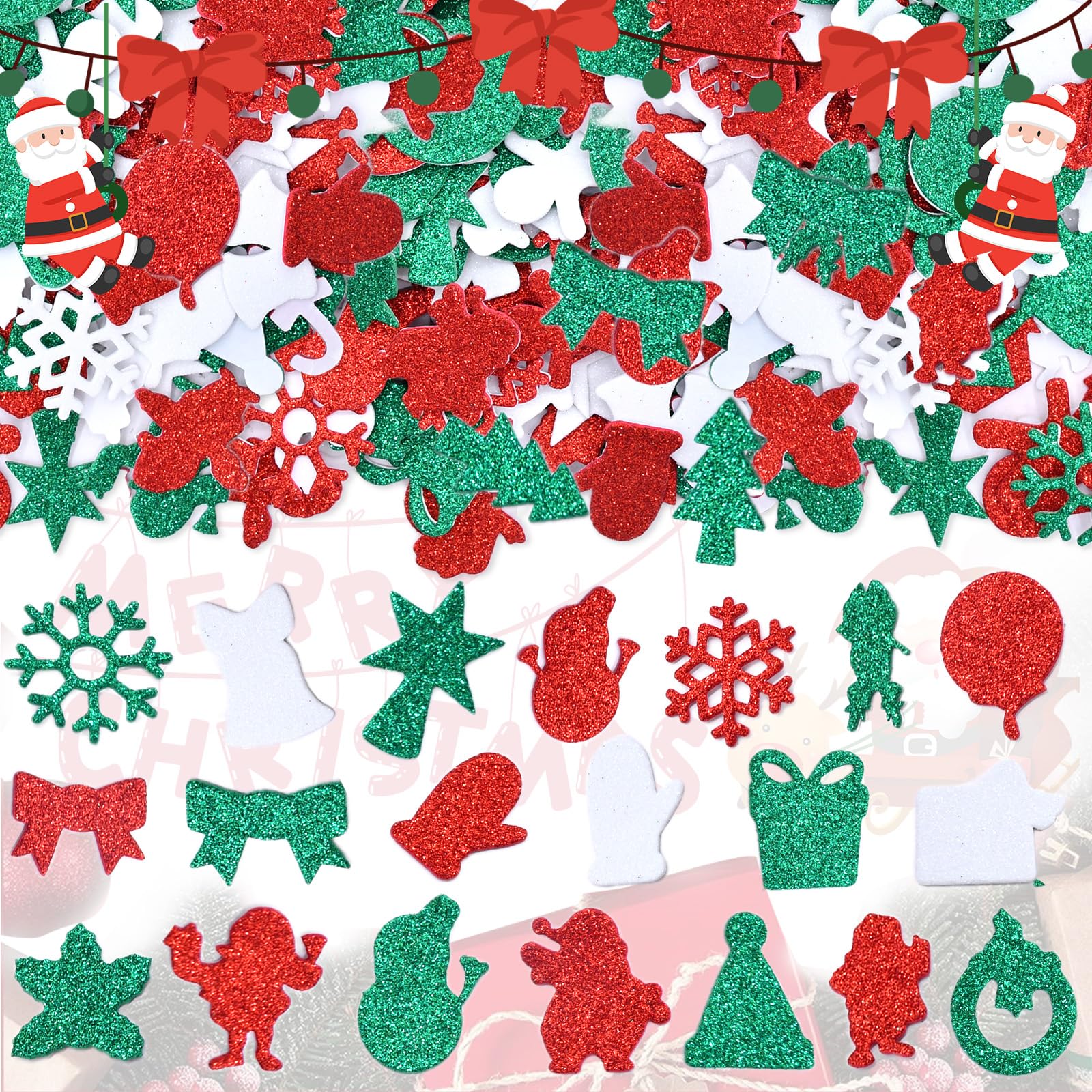 Photo 1 of 300 Pieces Christmas Glitter Foam Stickers - Assorted Santa, Snowflake, Tree, Bell, Gift, and Christmas Shape Foam Stickers Self-Adhesive for Kids Crafts DIY Winter Party Favor Supplies Decorations