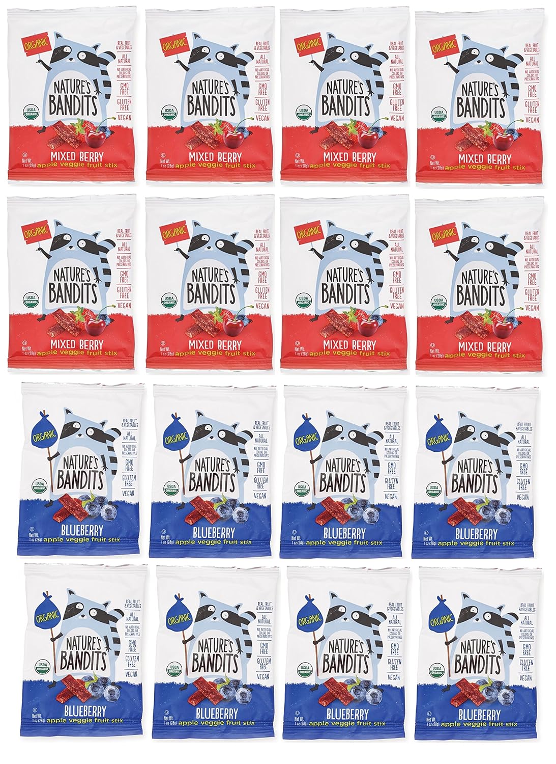 Nature's Bandits Organic Fruit & Veggie Stix - Variety (Blueberry & Mixed Berry), 1 Box of 16 (1.0 Ounce) Bags - Gluten Free, Vegan, Kosher