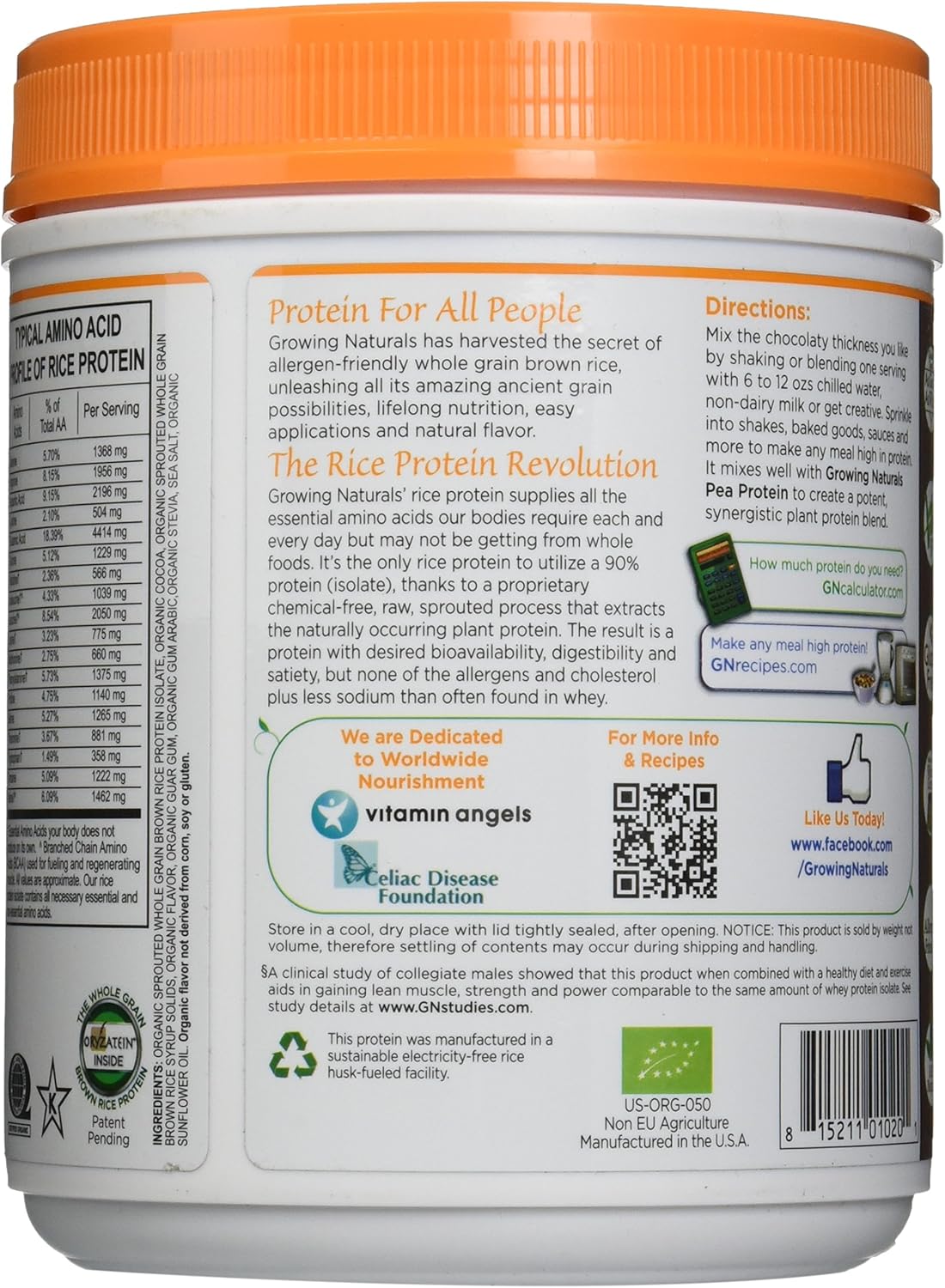 Growing Naturals Rice Protein Chocolate Power (476G) 16.80 Ounces by Growing Naturals: Health & Personal Care