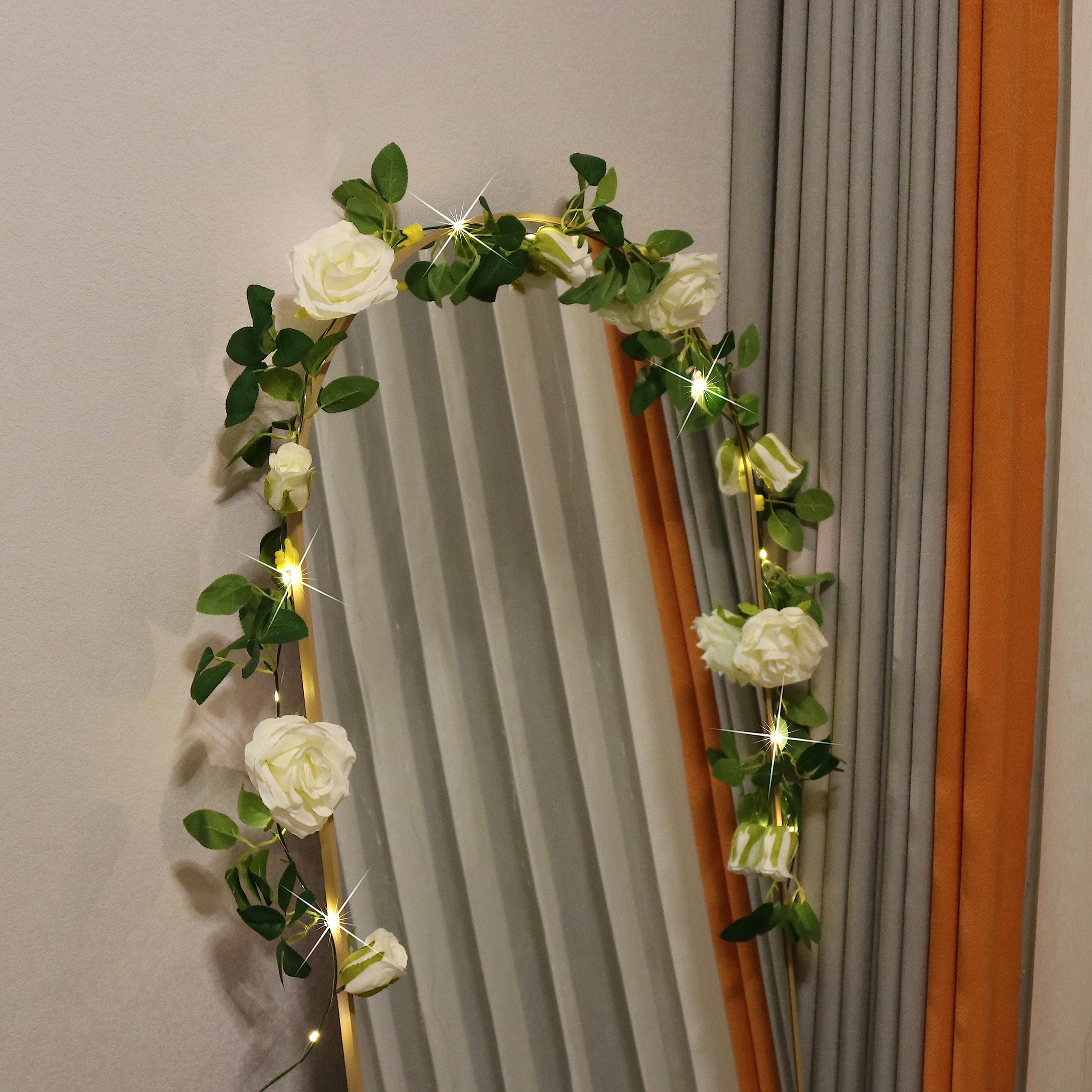 buywin Rose Garland String Lights Artificial Flower Garland with LED Light Strings, Rose Vine Lights Hanging Decor for Wedding Party Bedroom Home Window(White)