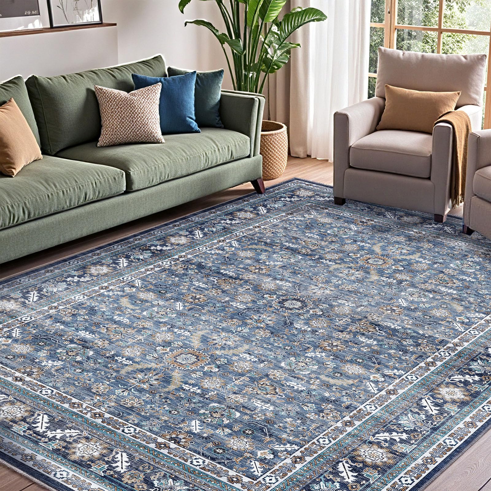 Photo 1 of **unknown size** OPPODREAM Thin Vintage Blue Area Rugs Retro Washable Rug Non Slip, Low-Pile Faux Wool Carpet, Distressed Navy Floor Mat for Living Room, Bedroom, Kitchen, Office, Dorm, Dinning Room