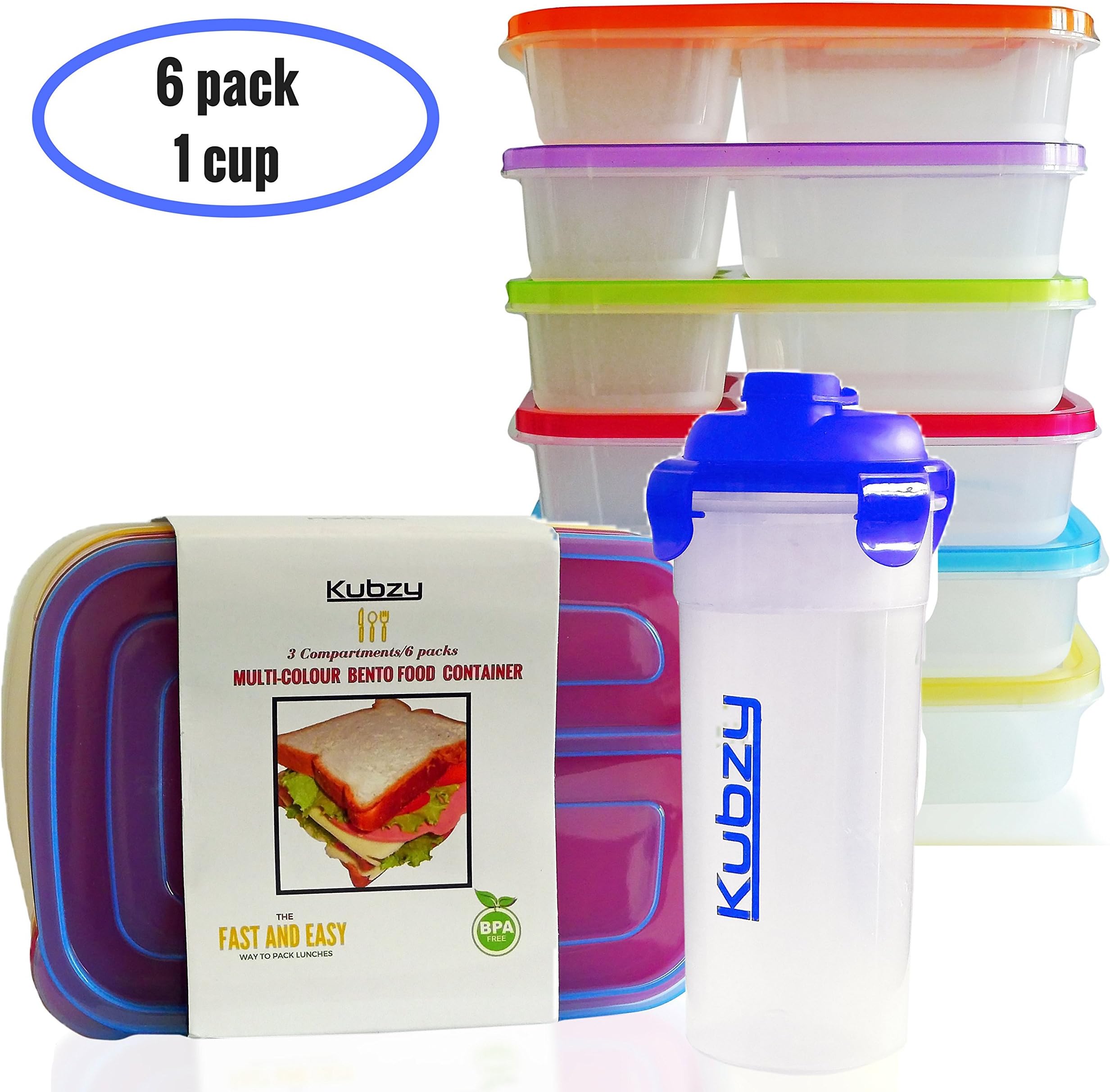 Kubzy 3 Compartment Bento Lunch Box Portion Control Meal Prep Food Storage Containers for Adults, Kids and FREE 500ml Drinking Cup with Lid - Reusable, Durable(Box with Blue Cup)
