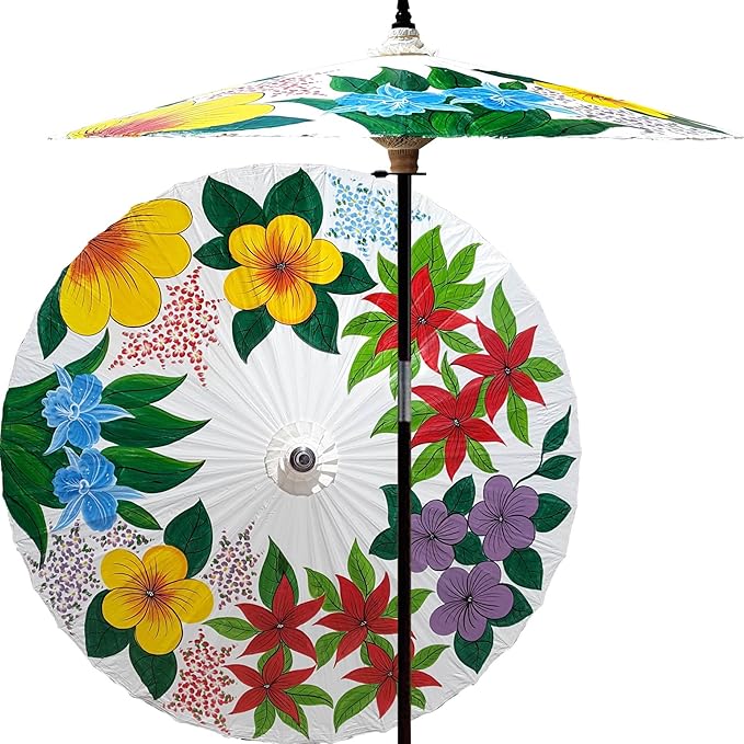 Amazon Com 7 Foot Tall Hand Painted Patio Umbrella Eastern Bouquet In White Handcrafted Bamboo Dual Height Market Umbrella With Hardwood 2 Piece Pole Garden Outdoor
