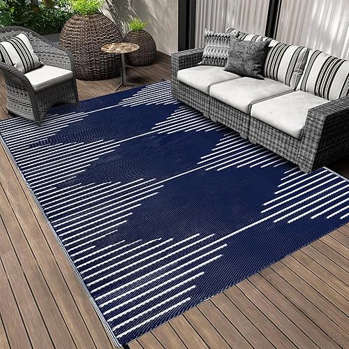 Falflor 150x245cm Reversible Outdoor Rugs for Patios Waterproof Plastic Picnic Blanket Garden Rugs Outdoor Waterproof Plastic Straw Mat for RV Backyard Beach Picnic Balcony(Blue)