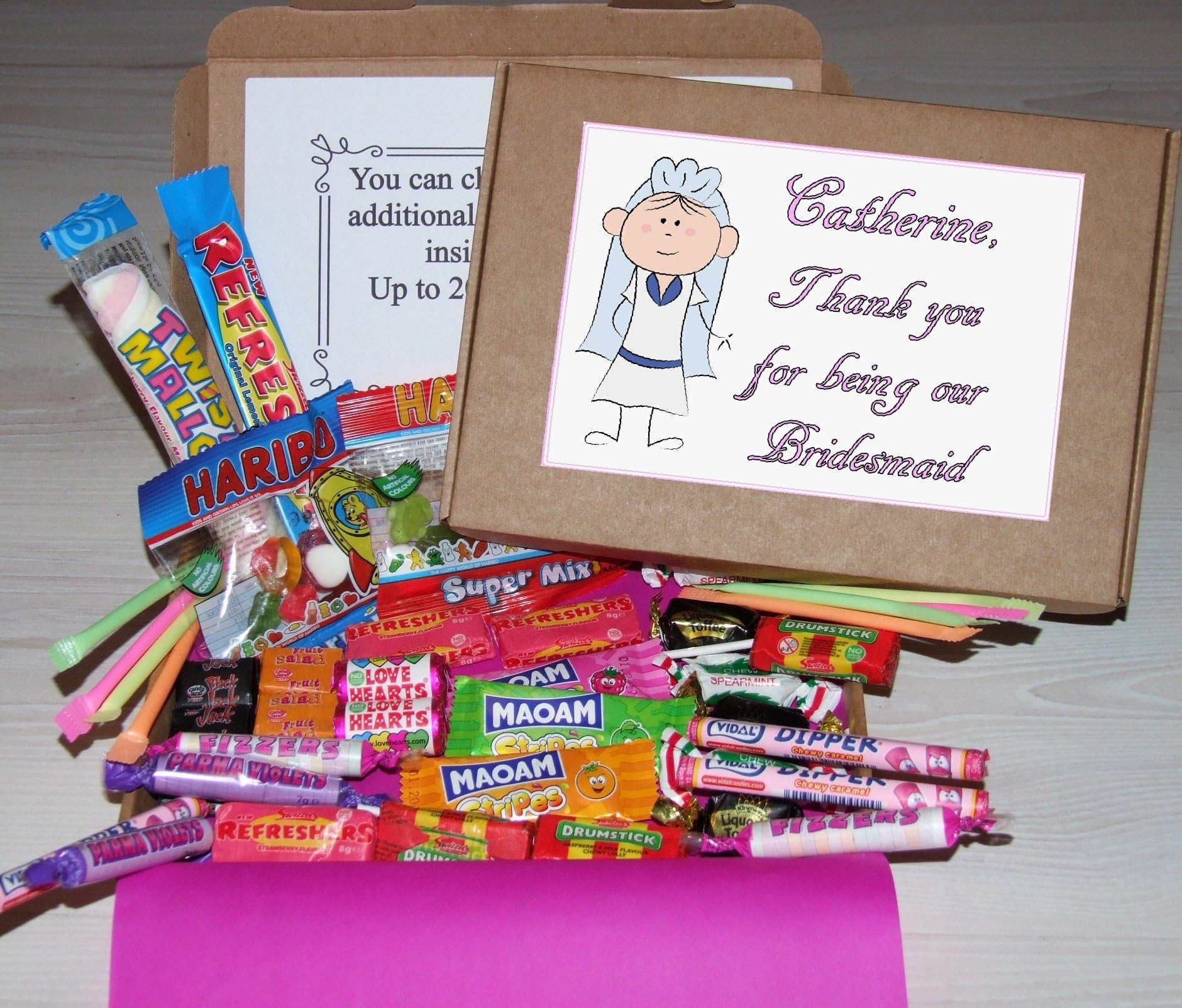 Bridesmaid Sweet Box / Retro Sweets in a Personalised box - Quality Sweets in a letterbox friendly gift box. A great wedding favour to say thank you to your special guest (Flower Girl)