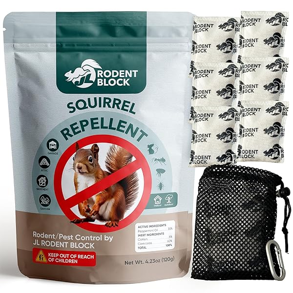 JL RODENT BLOCK SQUIRREL REPELLENT POUCH 6-PACK – POWERFUL AGAINST MICE, RACOONS, CHIPMUNKS, SNAKES, MOSQUITOS, ANTS. ALL NATURAL INGREDIENTS, REFILLABLE MESH BAG & CARABINER FOR HANGING