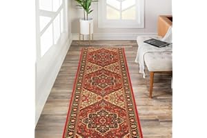 KAPAQUA Custom Size Red Persian Medallion Rubber Backed Non-Slip Hallway Stair Runner Rug Carpet 22 inch Wide Choose Your Length 22in X 11ft