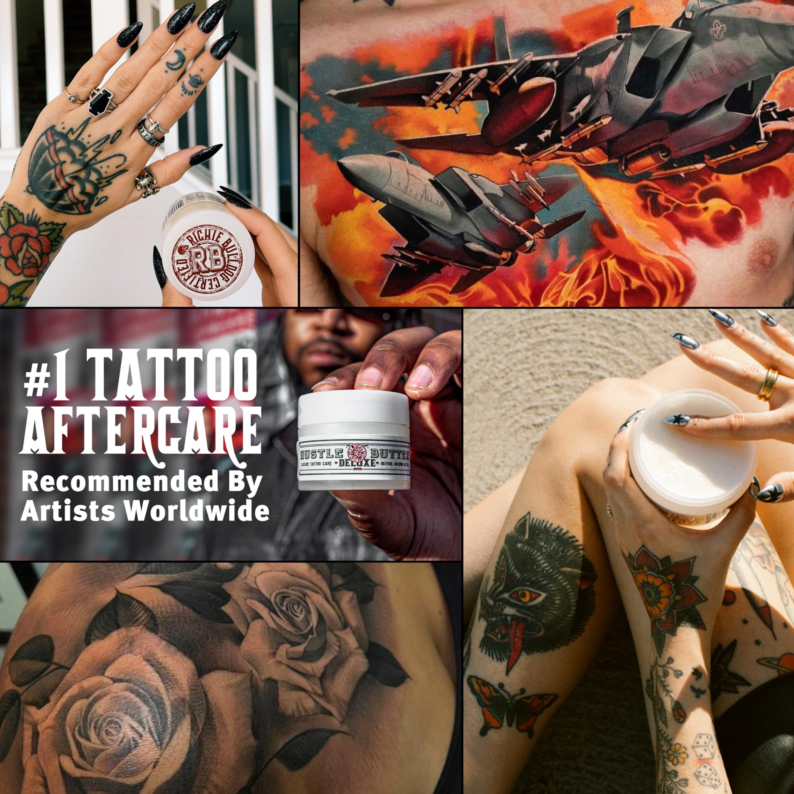 Hustle Butter Tattoo Aftercare 5oz At Home and 1oz Travel Sized Aftercare Balm, Use While Healing New Tattoos and To Rejuvenate Older Body Art - 100% Vegan Cream