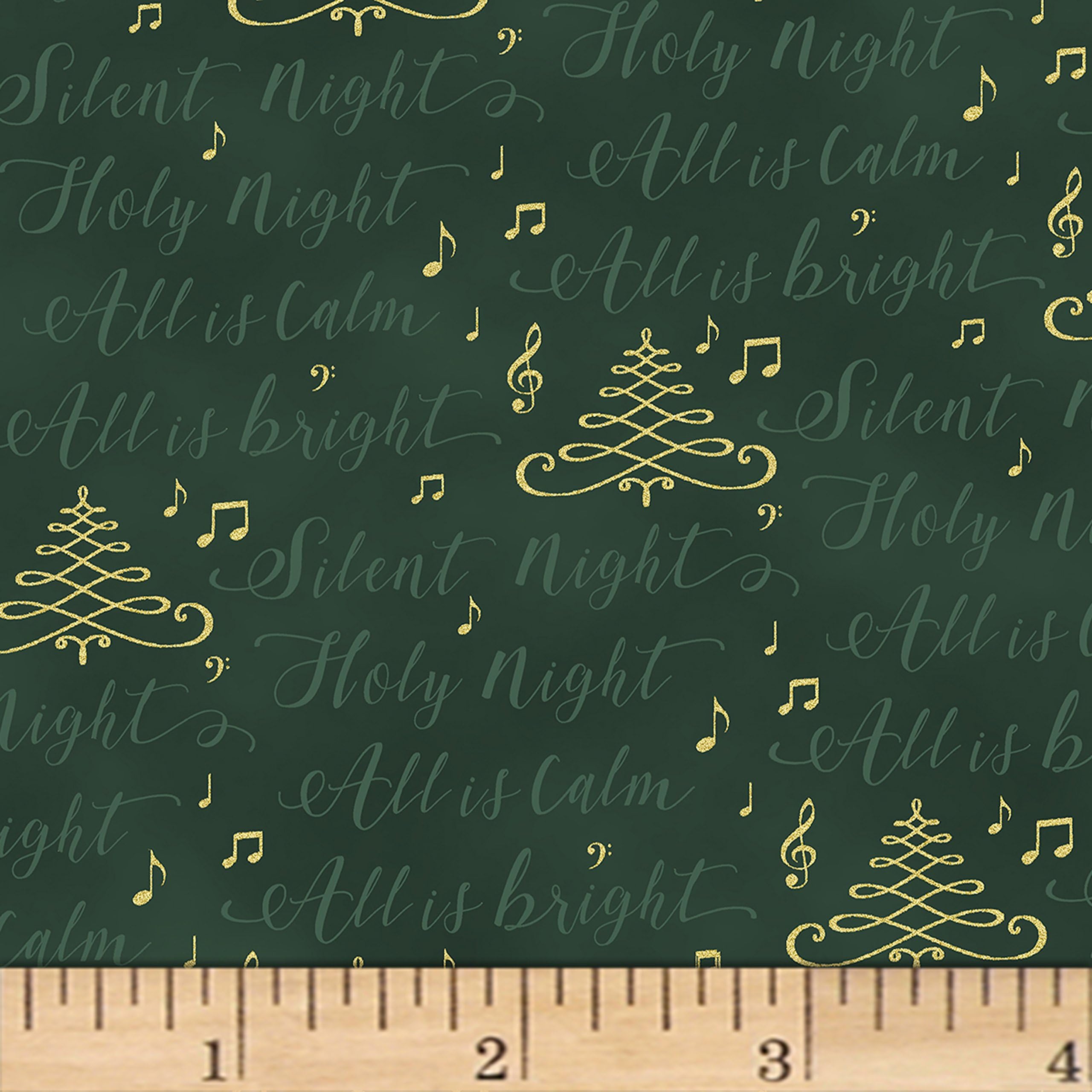 Hoffman Fabrics Cardinal Carols Silent Night Words Metallic Hunter/Gold Yard