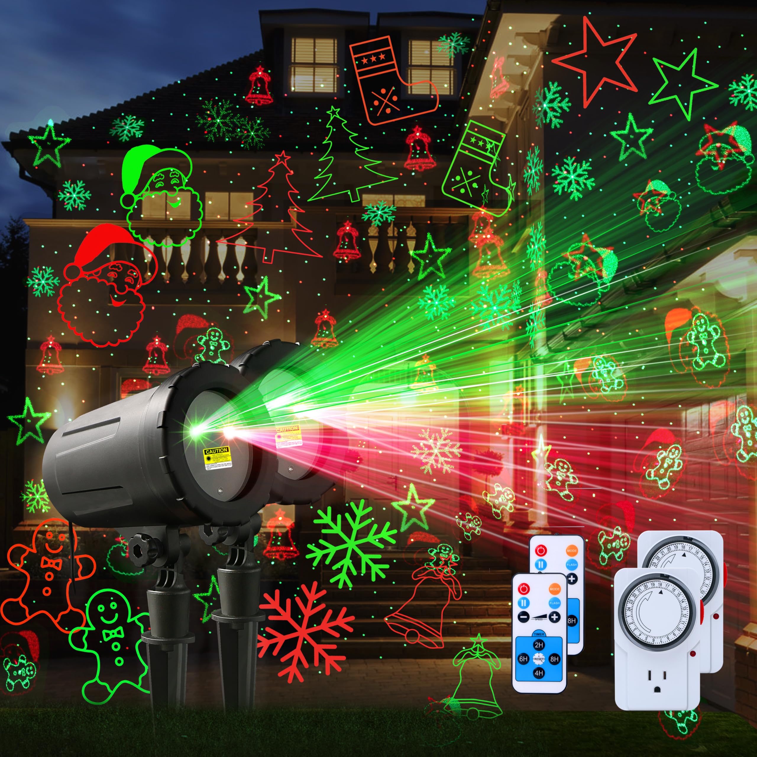 Photo 1 of 2-Pack Christmas Projector Lights Outdoor Laser Projection with Remote & Bonus Timer – 8 Festive Red & Green Patterns, IP65 Waterproof Xmas Laser Light for Lawn, Garden, Yard & Patio Decorations