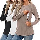 Velvelhall 3 Pack Women's Nursing Shirts Ribbed Long Sleeve Breastfeeding Tops with Hidden Zipper Maternity Clothes