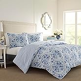 Laura Ashley - Queen Comforter Set, Reversible Cotton Bedding with Matching Shams, Stylish Home Decor (Mila Blue, Queen)