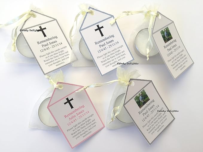 50 Remembrance, Funeral DIY Organza bag, Candle & Personalised Tag
