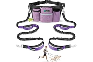 PetAmi Premium Hands Free Dog Leash for 2 Dogs, Adjustable Waist Belt Leash for Dog Walking, Fanny Pack Accessories Bag Dual Bungee Leash for Running, Hiking, Jogging, Biking, Purple